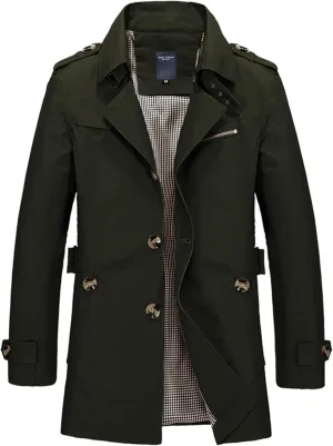Mens Pea Coat Slim Notched Collar Single Breasted Cotton Jacket Mid Long Trench Coat Business Overcoat with Buttons