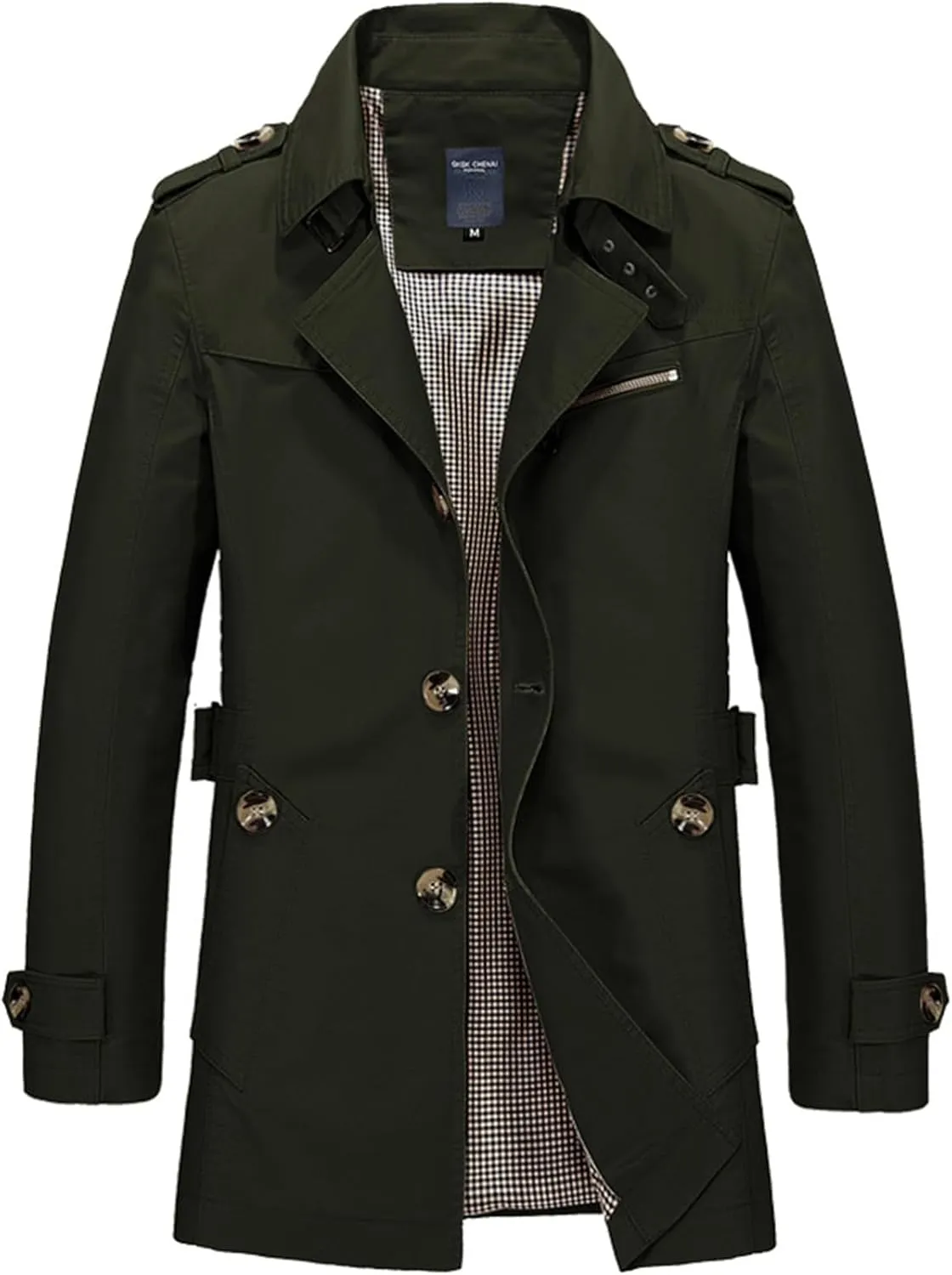 Mens Pea Coat Slim Notched Collar Single Breasted Cotton Jacket Mid Long Trench Coat Business Overcoat with Buttons