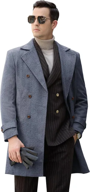 Men's Peacoat Jackets Grey Coats Casual Winter Trench Coat Herringbone Long Jacket Warm Wool Overcoat for Men