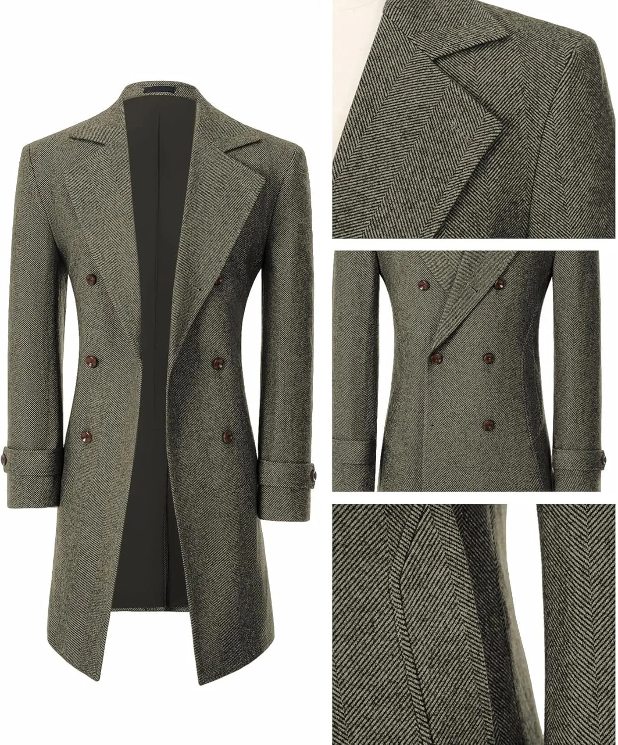 Men's Peacoat Jackets Grey Coats Casual Winter Trench Coat Herringbone Long Jacket Warm Wool Overcoat for Men