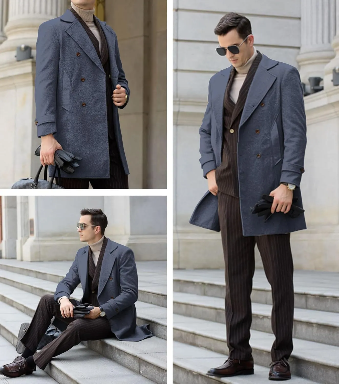 Men's Peacoat Jackets Grey Coats Casual Winter Trench Coat Herringbone Long Jacket Warm Wool Overcoat for Men
