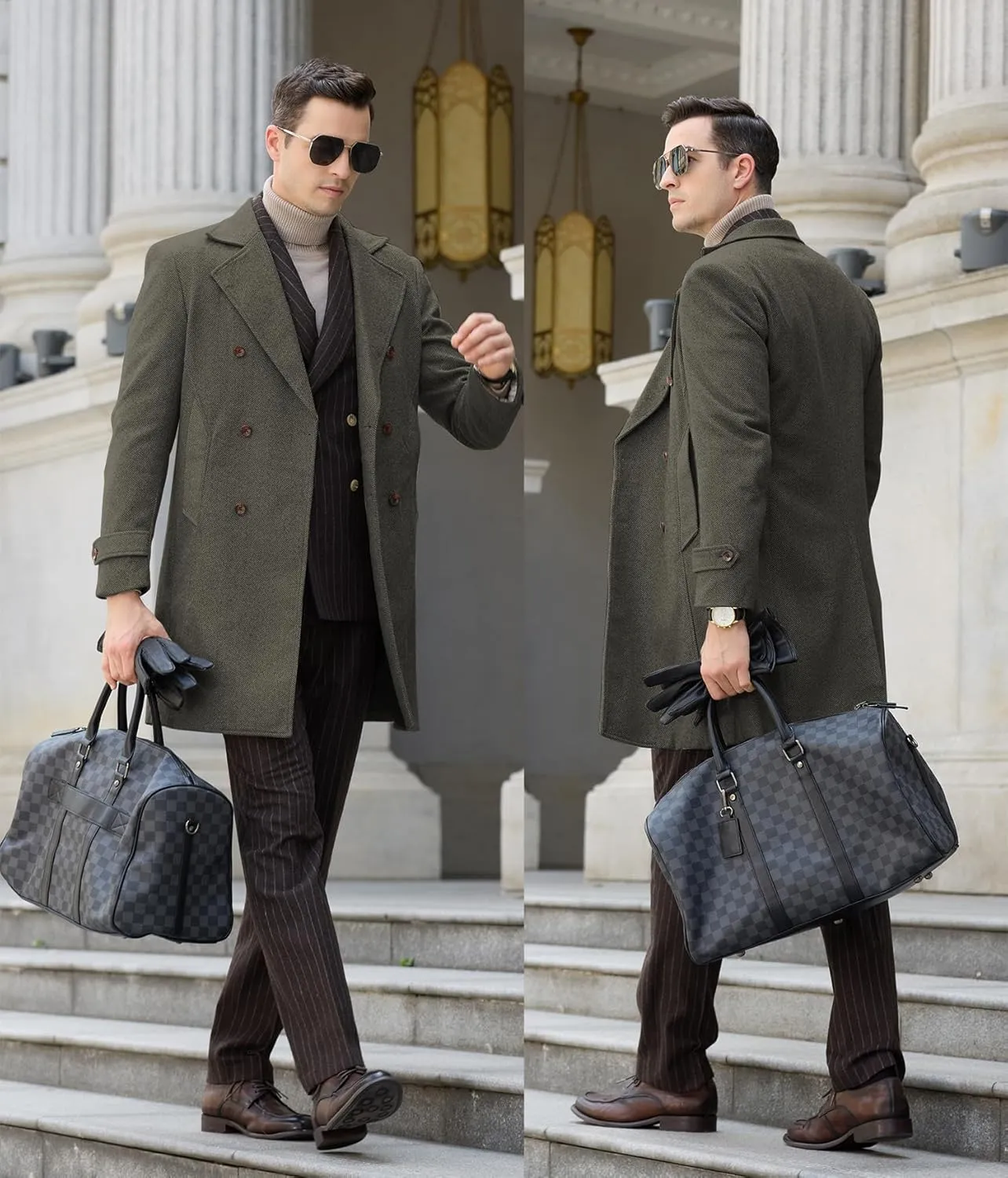 Men's Peacoat Jackets Grey Coats Casual Winter Trench Coat Herringbone Long Jacket Warm Wool Overcoat for Men