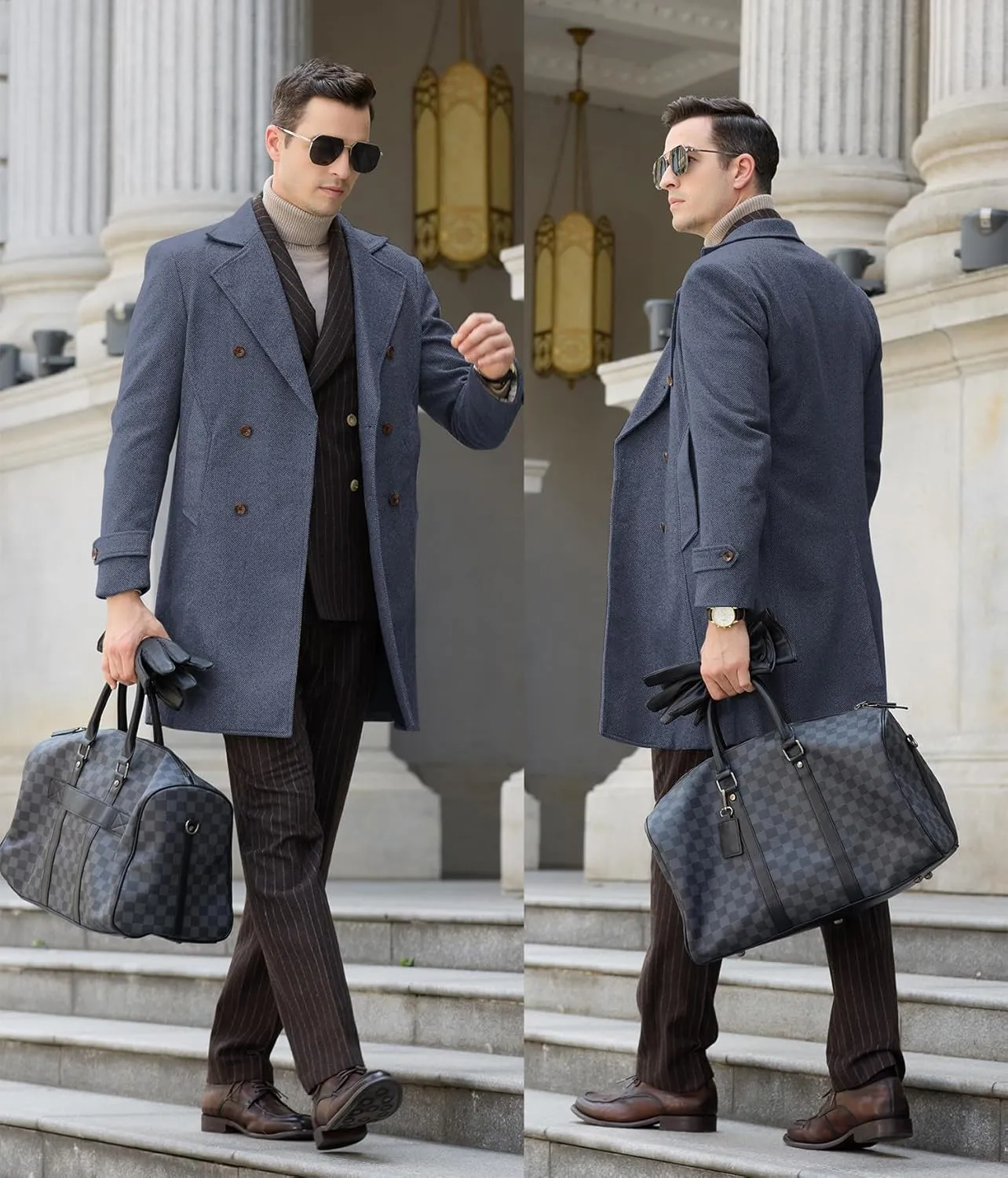 Men's Peacoat Jackets Grey Coats Casual Winter Trench Coat Herringbone Long Jacket Warm Wool Overcoat for Men