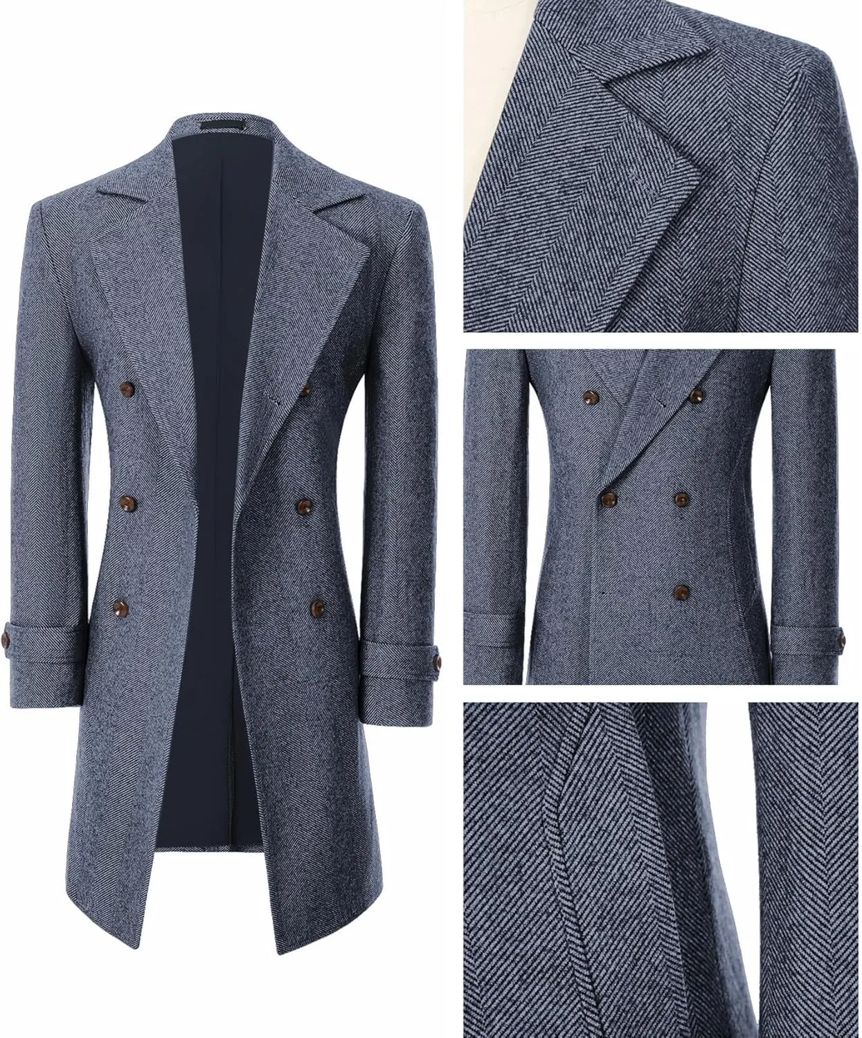 Men's Peacoat Jackets Grey Coats Casual Winter Trench Coat Herringbone Long Jacket Warm Wool Overcoat for Men
