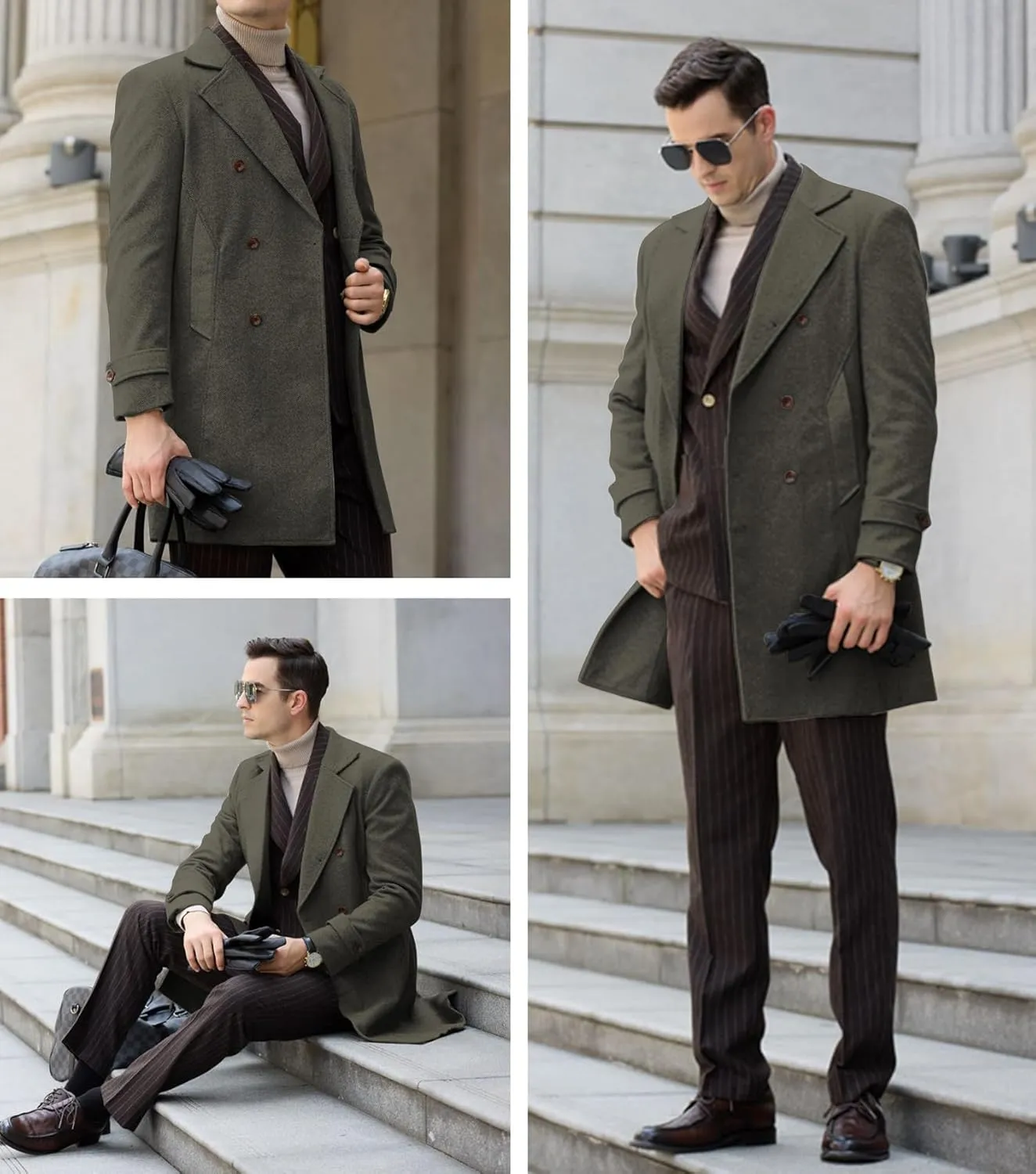 Men's Peacoat Jackets Grey Coats Casual Winter Trench Coat Herringbone Long Jacket Warm Wool Overcoat for Men