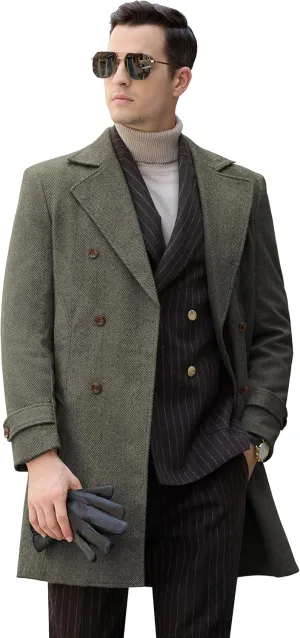 Men's Peacoat Jackets Grey Coats Casual Winter Trench Coat Herringbone Long Jacket Warm Wool Overcoat for Men