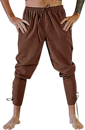 Men's Renaissance Viking Pirate Pants Cotton Ankle Banded with Drawstrings for Cosplay Costume Parties or Fun