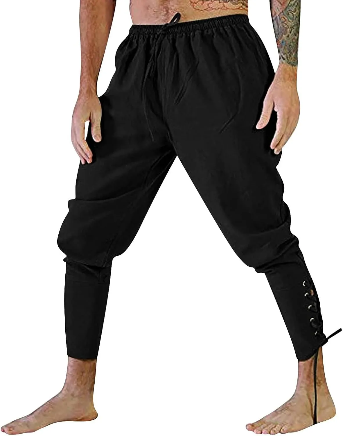 Men's Renaissance Viking Pirate Pants Cotton Ankle Banded with Drawstrings for Cosplay Costume Parties or Fun