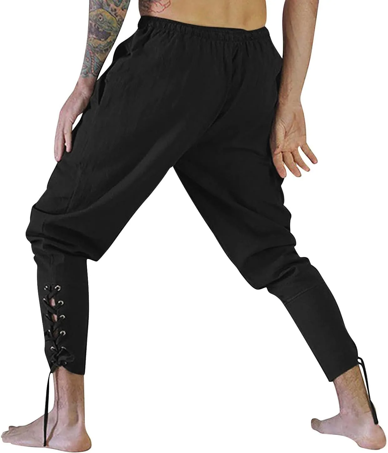 Men's Renaissance Viking Pirate Pants Cotton Ankle Banded with Drawstrings for Cosplay Costume Parties or Fun