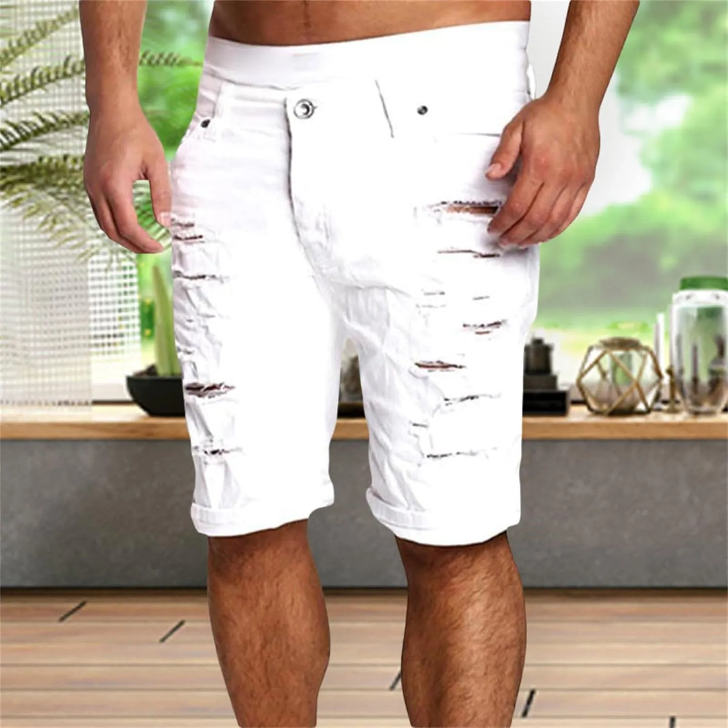 Mens Ripped Shorts Distressed Low Rise Straight Leg Skinny Solid Jeans Knee Length Cutout Combat Street Hipster Trend Bermuda