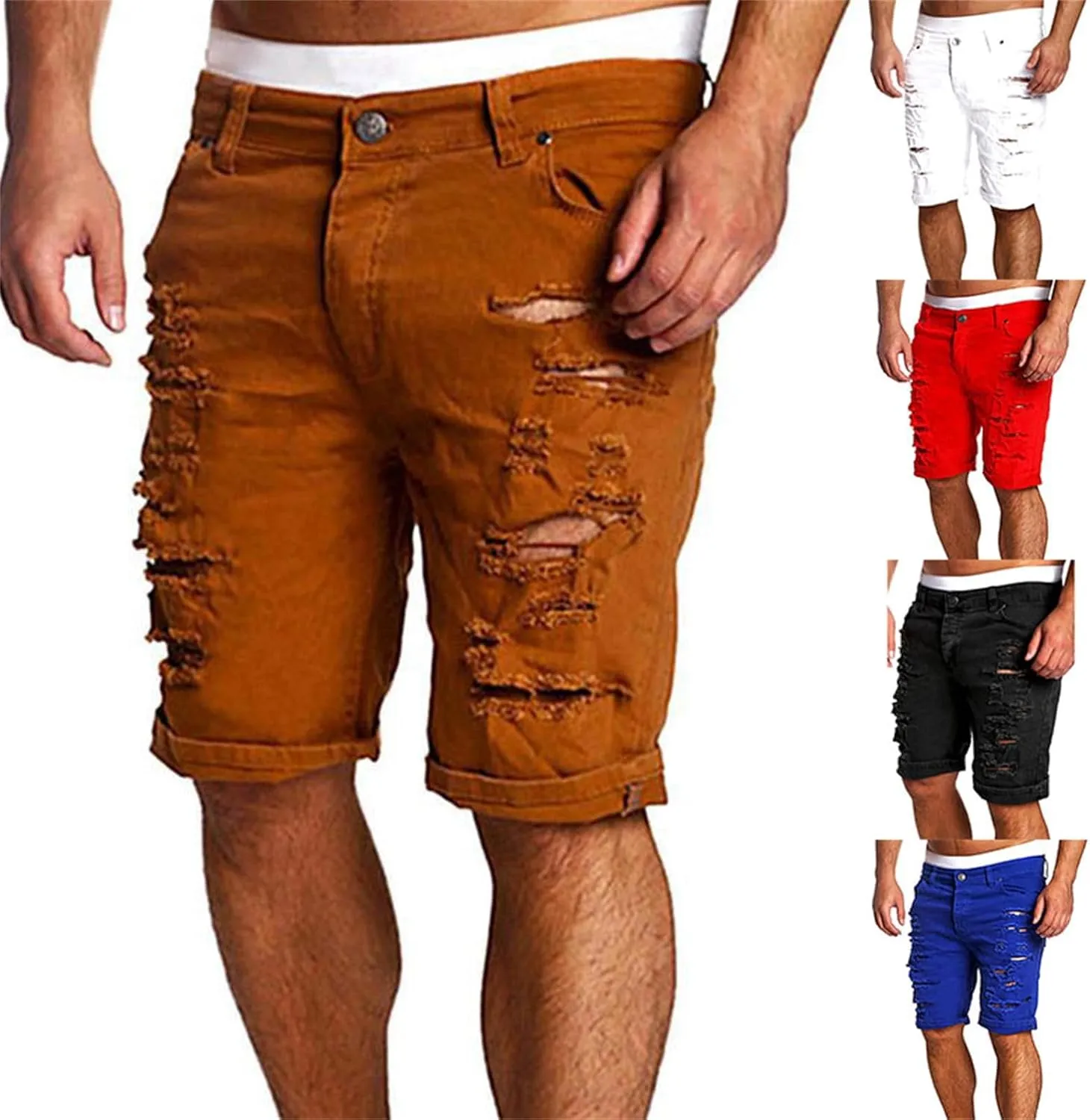 Mens Ripped Shorts Distressed Low Rise Straight Leg Skinny Solid Jeans Knee Length Cutout Combat Street Hipster Trend Bermuda
