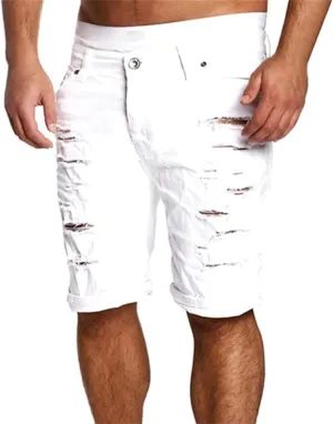 Mens Ripped Shorts Distressed Low Rise Straight Leg Skinny Solid Jeans Knee Length Cutout Combat Street Hipster Trend Bermuda