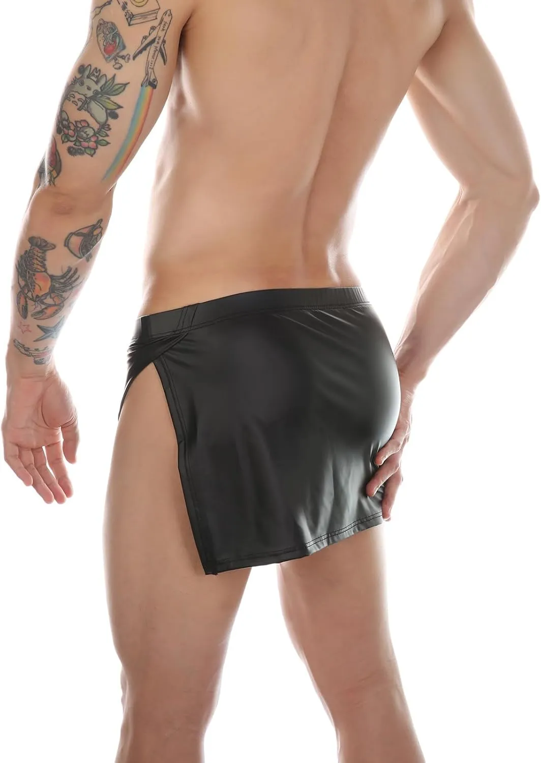 Men's Sexy Underwear Fun Lingerie Elastic Leather Skirt Pants Sexy Split Buttocks Boxer Brief Underpants