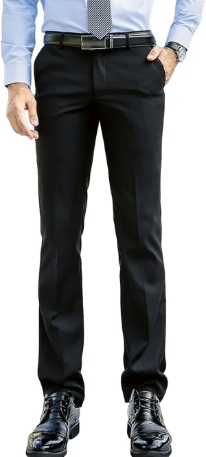 Men's Slim-Fit Flat-Front Dress Pant Classic Business Chino Trousers Solid Color Skinny Comfort Wedding Pant (38,Black)