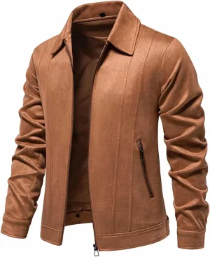 Men's Suede Jacket Spring Fall Full Zip Up Jackets Vintage Faux Leather Coat Outwear with Zipper Pockets for Business