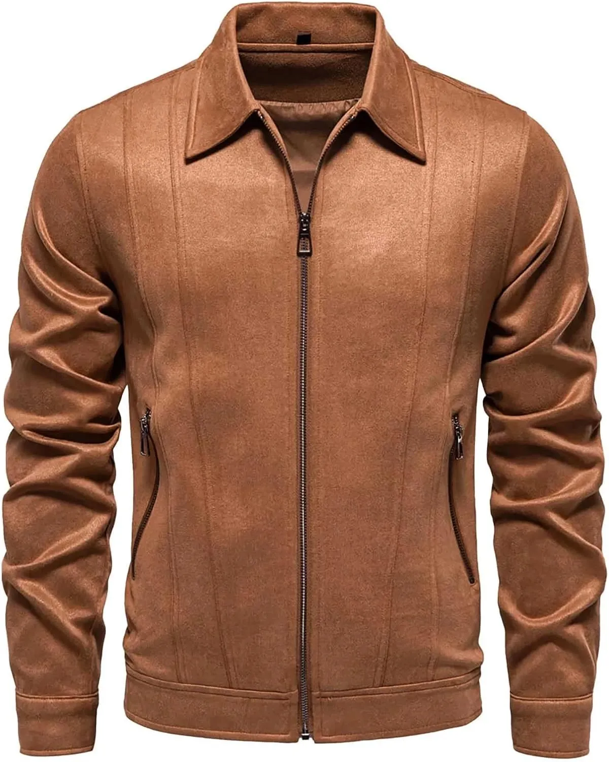 Men's Suede Jacket Spring Fall Full Zip Up Jackets Vintage Faux Leather Coat Outwear with Zipper Pockets for Business