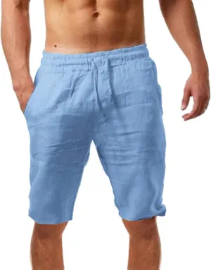 Mens Summer Cotton Linen Beach Shorts Lightweight Workout Gym Yoga Shorts Classic Fit Elastic Waist Short with Drawstring