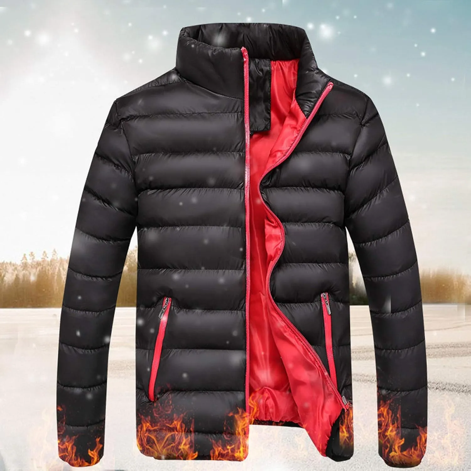 Mens Winter Puffer Jacket Full Zip Quilted Warm Packable Down Coats Lightweight Plus Size Puffy Stand Collar Jackets
