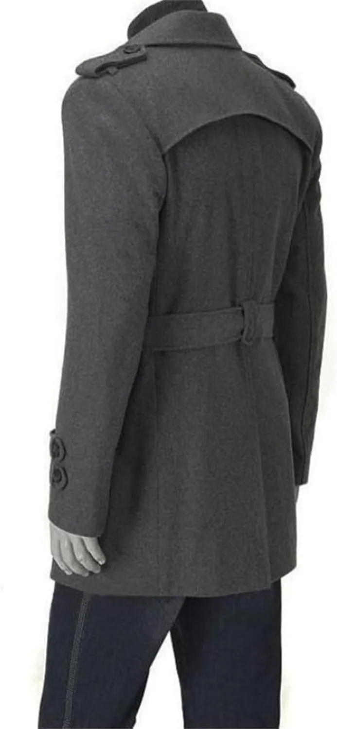 Men's Wool Blend Pea Coat Warm Winter Business Trench Coat Jackets Notched Band Collar Double Breasted Overcoat