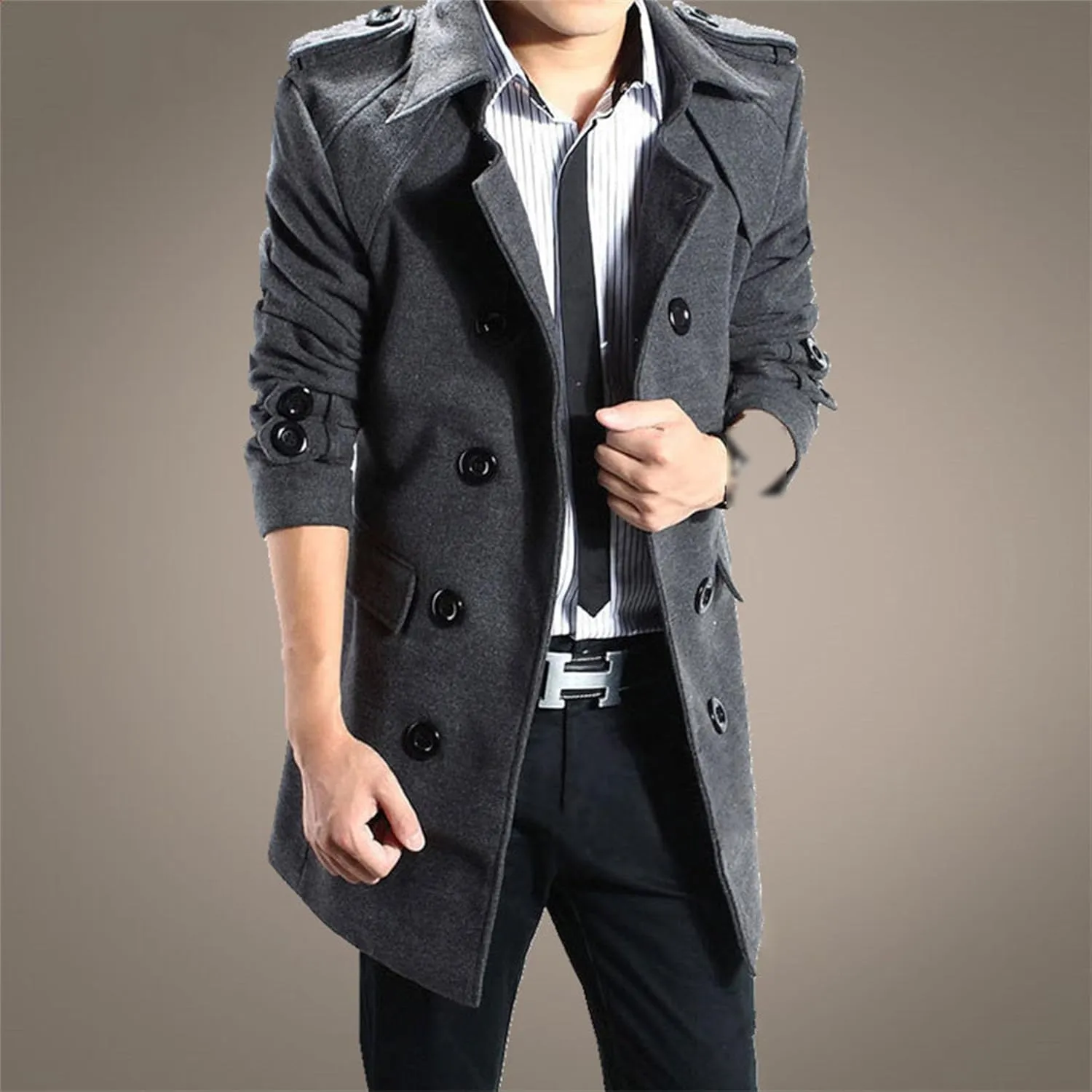 Men's Wool Blend Pea Coat Warm Winter Business Trench Coat Jackets Notched Band Collar Double Breasted Overcoat