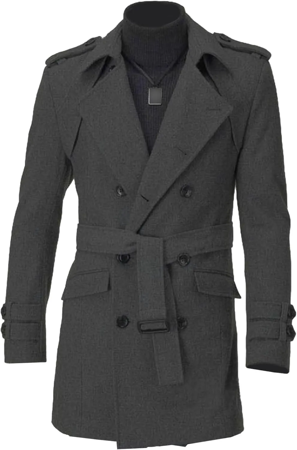 Men's Wool Blend Pea Coat Warm Winter Business Trench Coat Jackets Notched Band Collar Double Breasted Overcoat