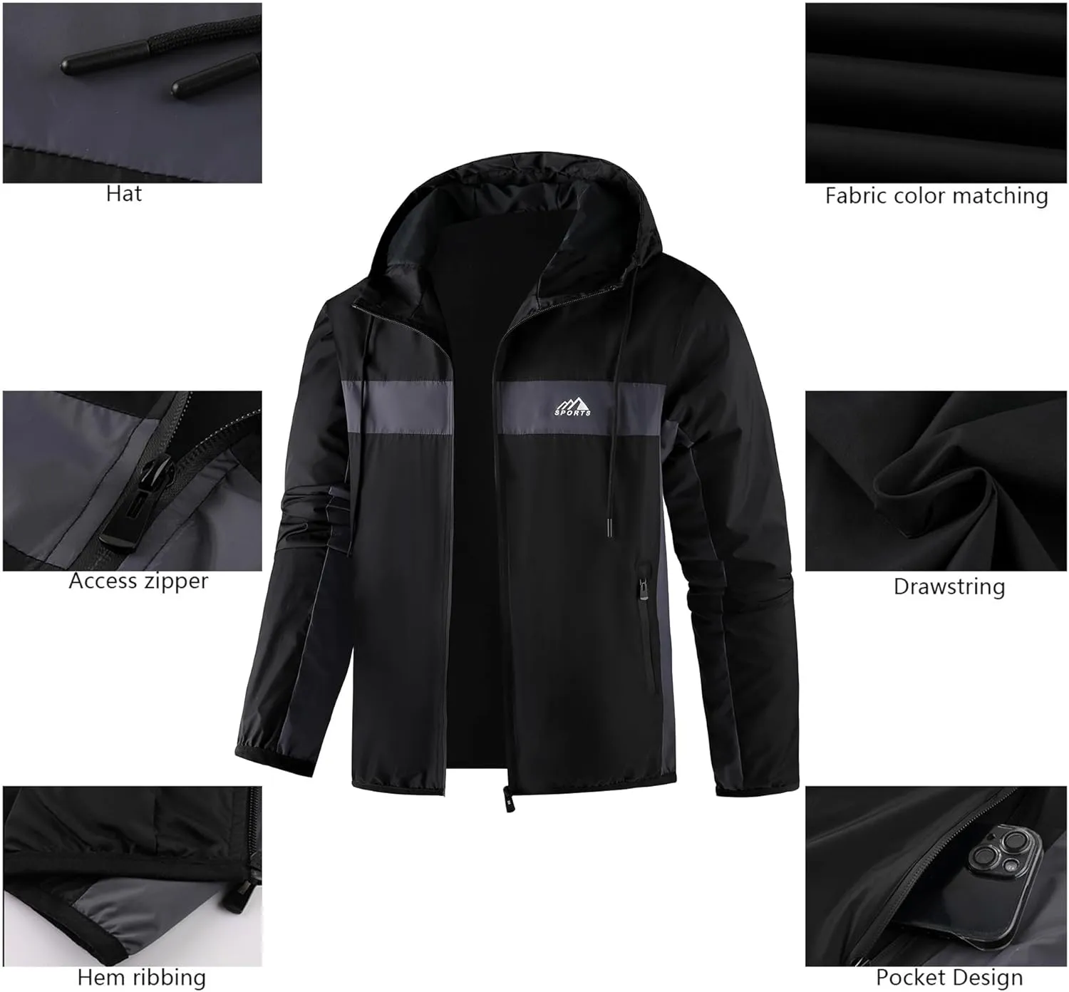 Men's Zip Up Waterproof Rain Jacket Outdoor Lightweight Softshell Raincoat for Hiking Travel WIth zippered Pocket