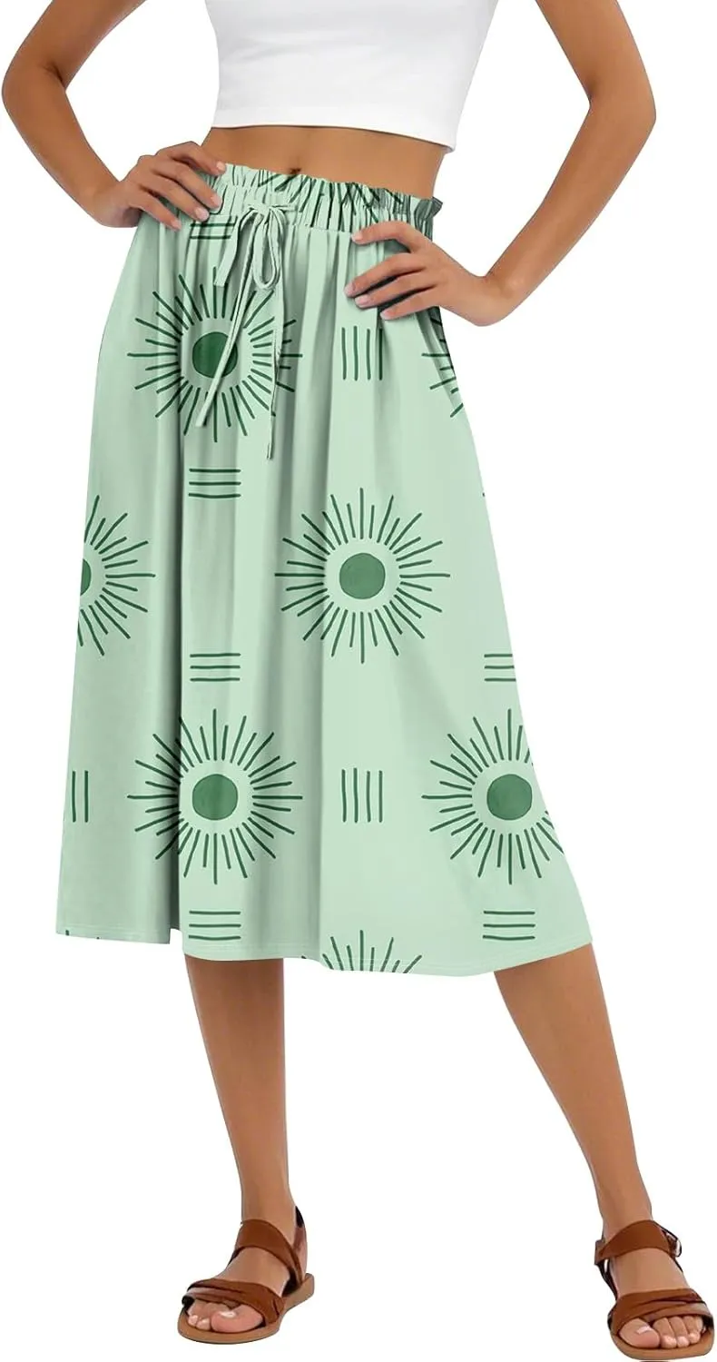 Midi Boho Floral Skirts for Women Trendy Drawstring High Elastic Waist Comfy Flowy A Line Skirt Skorts