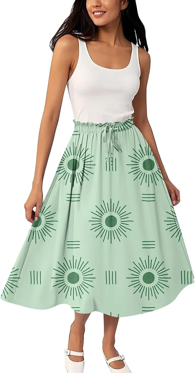 Midi Boho Floral Skirts for Women Trendy Drawstring High Elastic Waist Comfy Flowy A Line Skirt Skorts