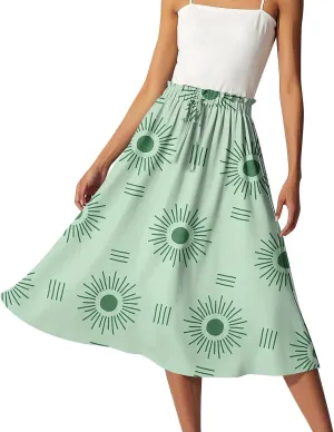 Midi Boho Floral Skirts for Women Trendy Drawstring High Elastic Waist Comfy Flowy A Line Skirt Skorts