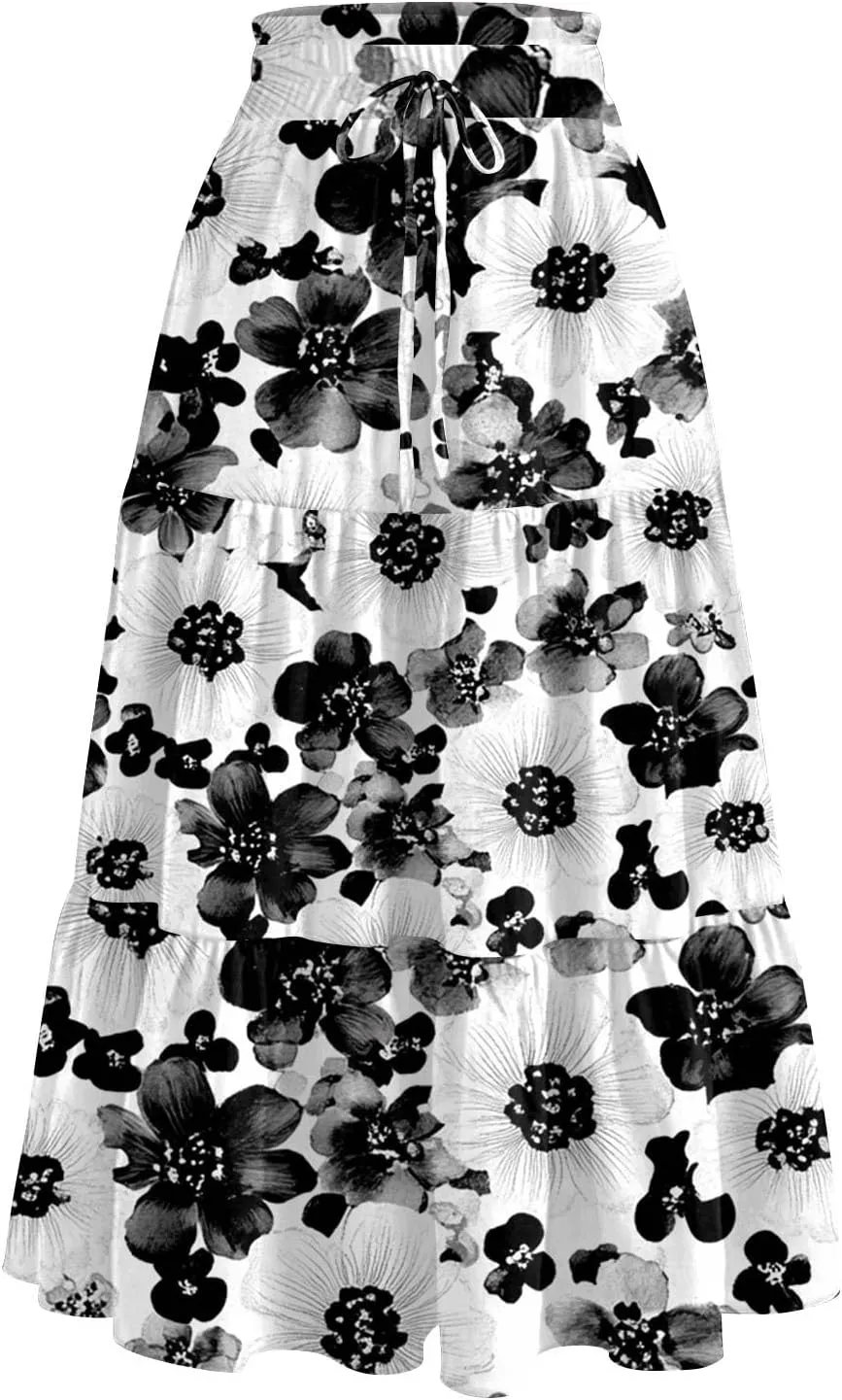 Midi Boho Floral Skirts for Women Trendy Tiered Drawstring High Elastic Waist A Line Skirt Comfy Flowy Skorts with Pockets