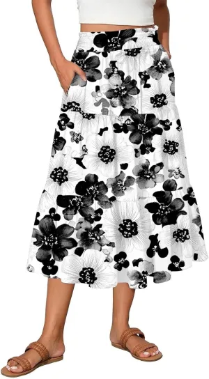 Midi Boho Floral Skirts for Women Trendy Tiered Drawstring High Elastic Waist A Line Skirt Comfy Flowy Skorts with Pockets