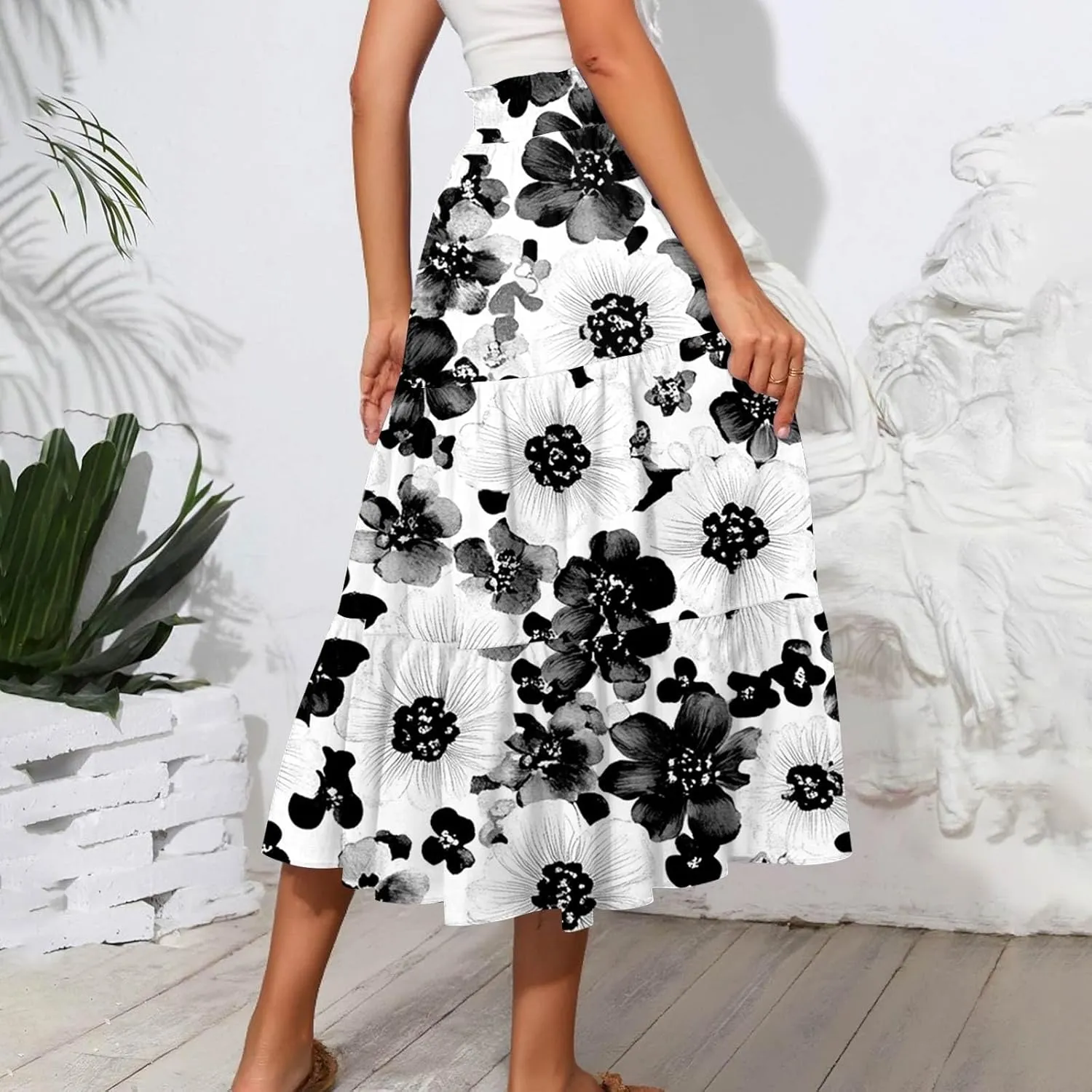 Midi Boho Floral Skirts for Women Trendy Tiered Drawstring High Elastic Waist A Line Skirt Comfy Flowy Skorts with Pockets