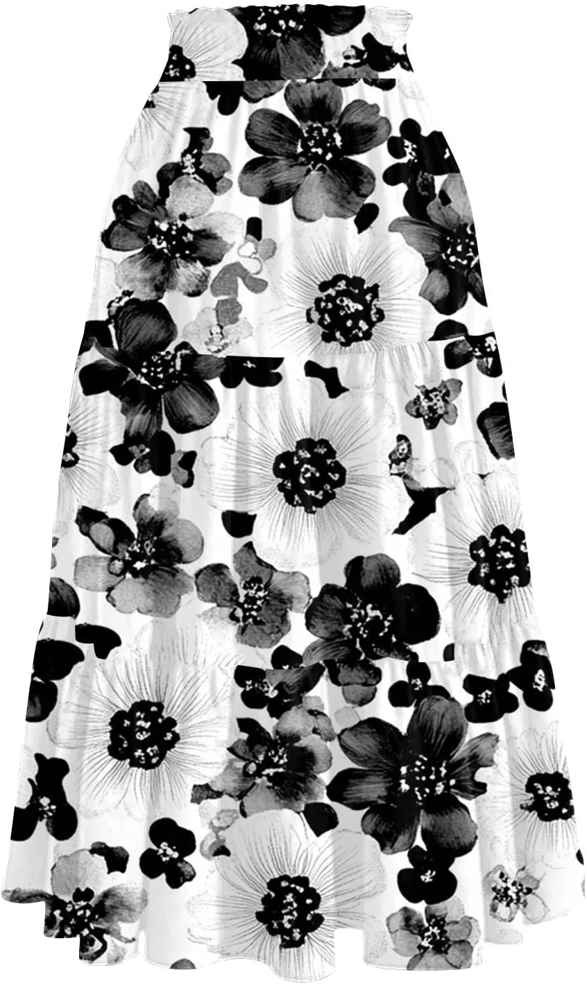 Midi Boho Floral Skirts for Women Trendy Tiered Drawstring High Elastic Waist A Line Skirt Comfy Flowy Skorts with Pockets