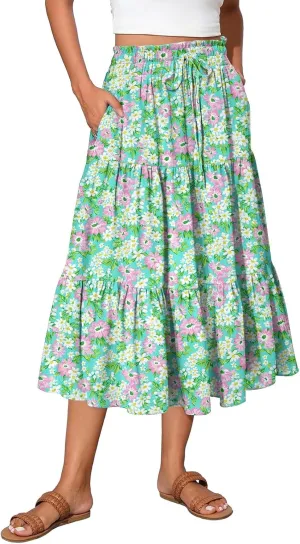 Midi Skirt for Women Summer Layered Tiered High Waisted Knee Length Skirt A Line Swing Floral Print Skirts with Pockets