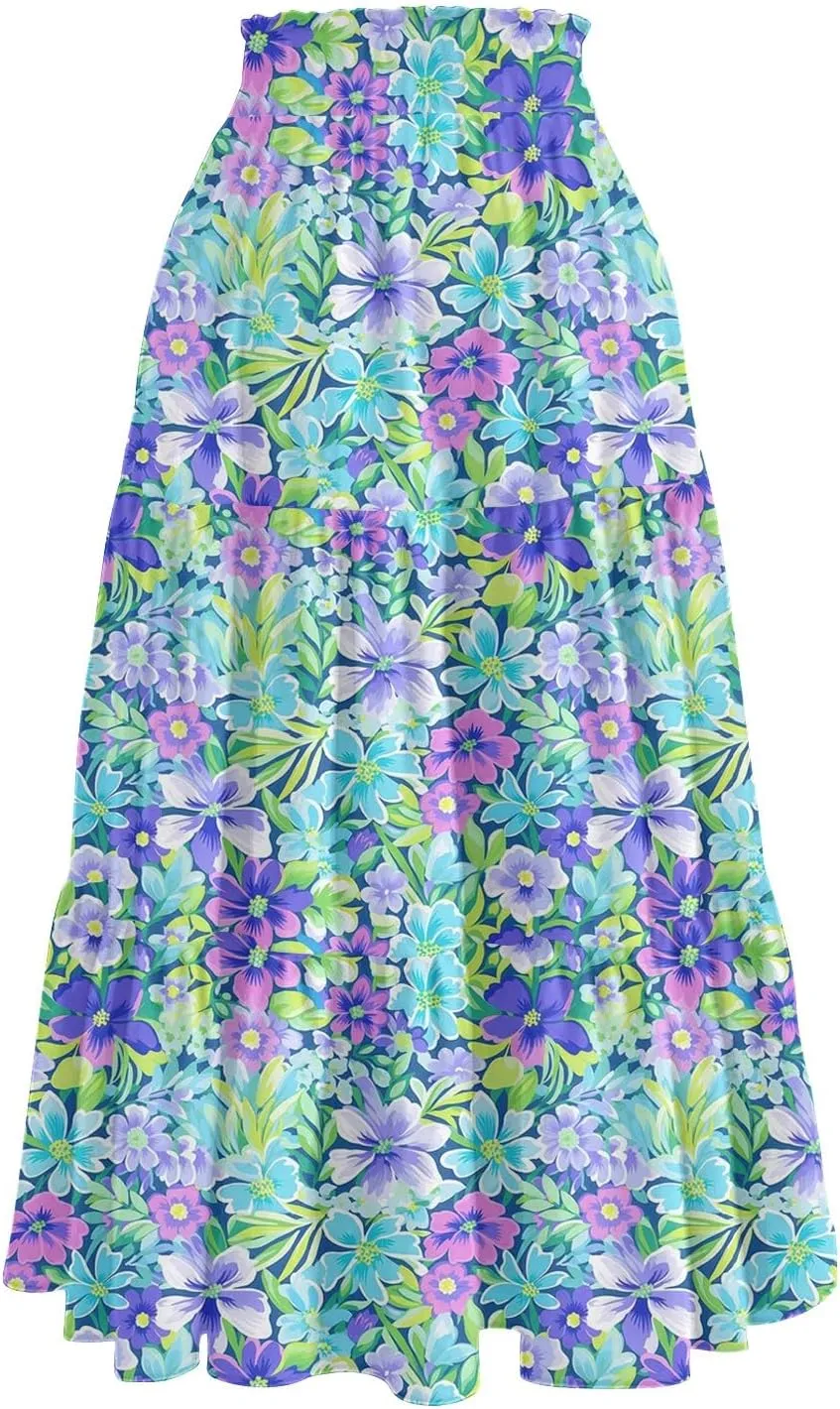 Midi Skirt for Women Summer Layered Tiered High Waisted Knee Length Skirt A Line Swing Floral Print Skirts with Pockets