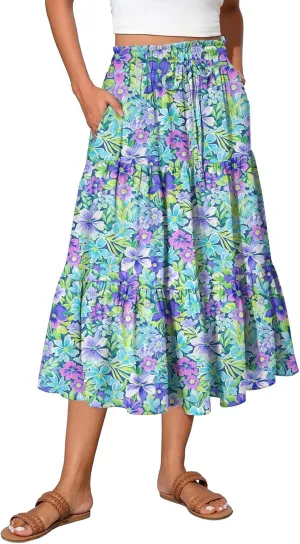 Midi Skirt for Women Summer Layered Tiered High Waisted Knee Length Skirt A Line Swing Floral Print Skirts with Pockets
