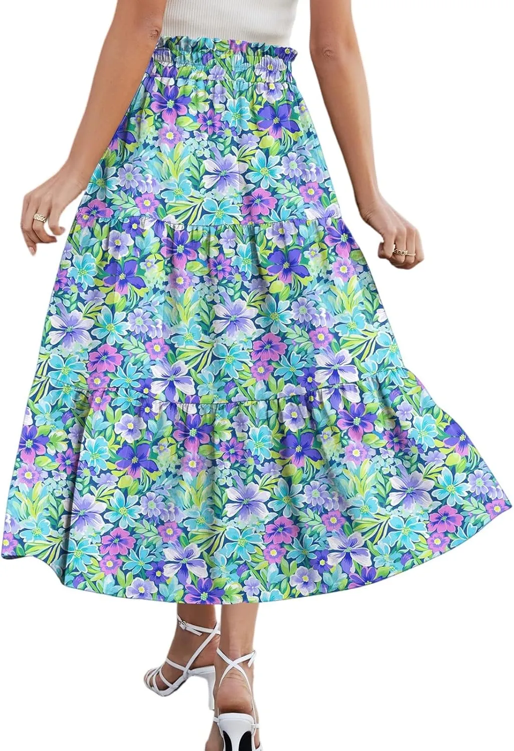 Midi Skirt for Women Summer Layered Tiered High Waisted Knee Length Skirt A Line Swing Floral Print Skirts with Pockets