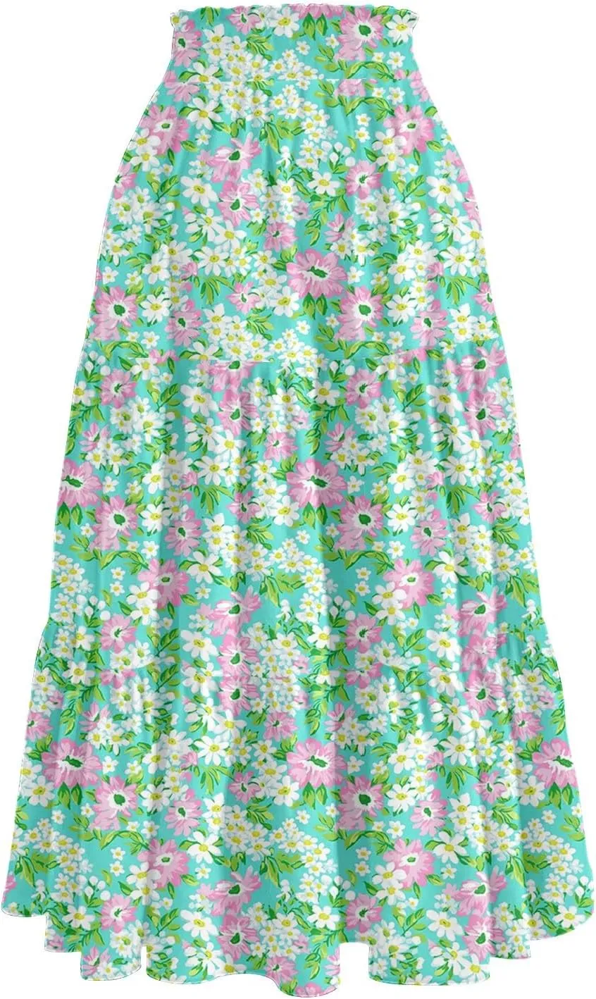 Midi Skirt for Women Summer Layered Tiered High Waisted Knee Length Skirt A Line Swing Floral Print Skirts with Pockets