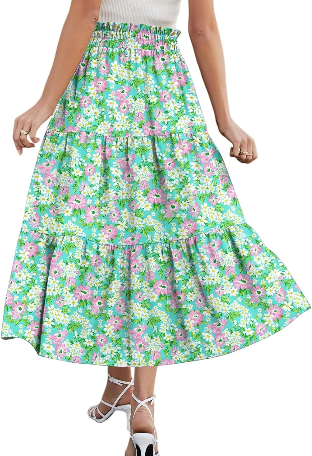 Midi Skirt for Women Summer Layered Tiered High Waisted Knee Length Skirt A Line Swing Floral Print Skirts with Pockets