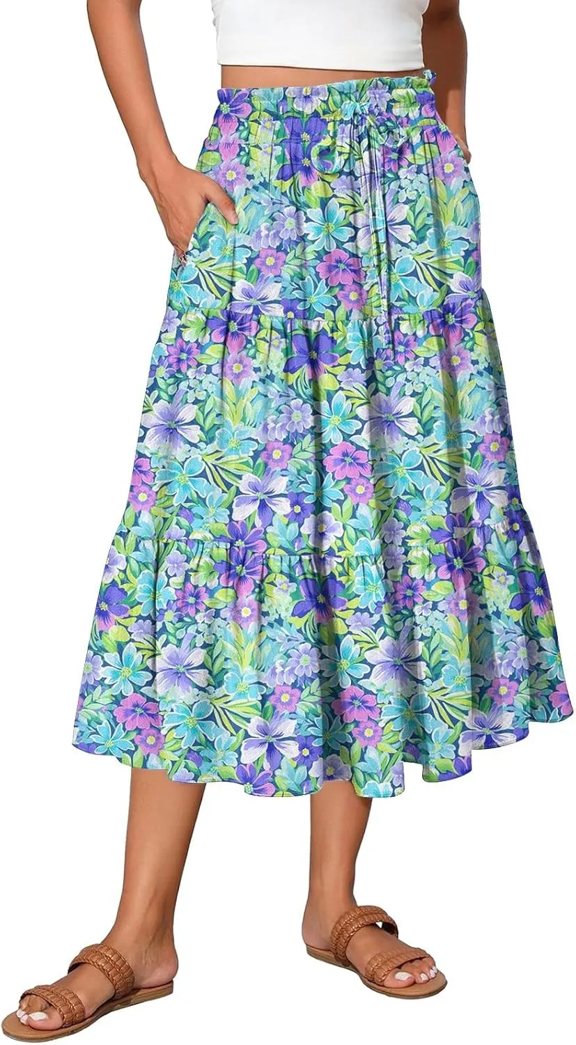 Midi Skirt for Women Summer Layered Tiered High Waisted Knee Length Skirt A Line Swing Floral Print Skirts with Pockets