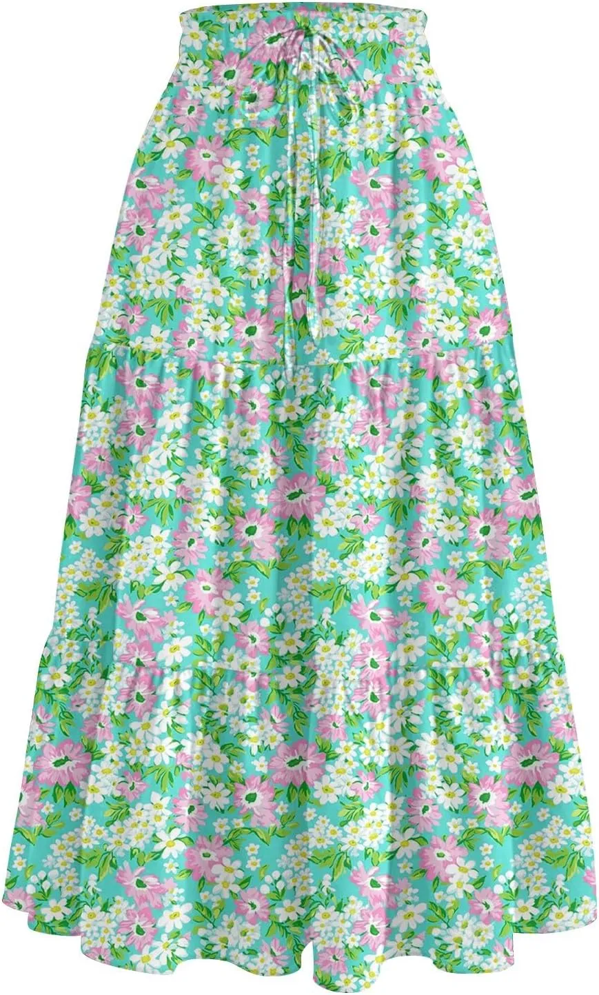 Midi Skirt for Women Summer Layered Tiered High Waisted Knee Length Skirt A Line Swing Floral Print Skirts with Pockets
