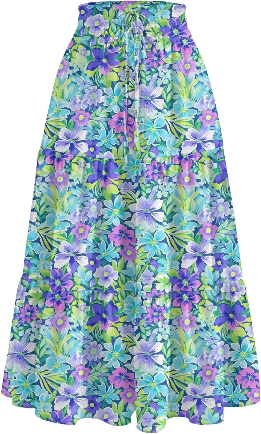 Midi Skirt for Women Summer Layered Tiered High Waisted Knee Length Skirt A Line Swing Floral Print Skirts with Pockets