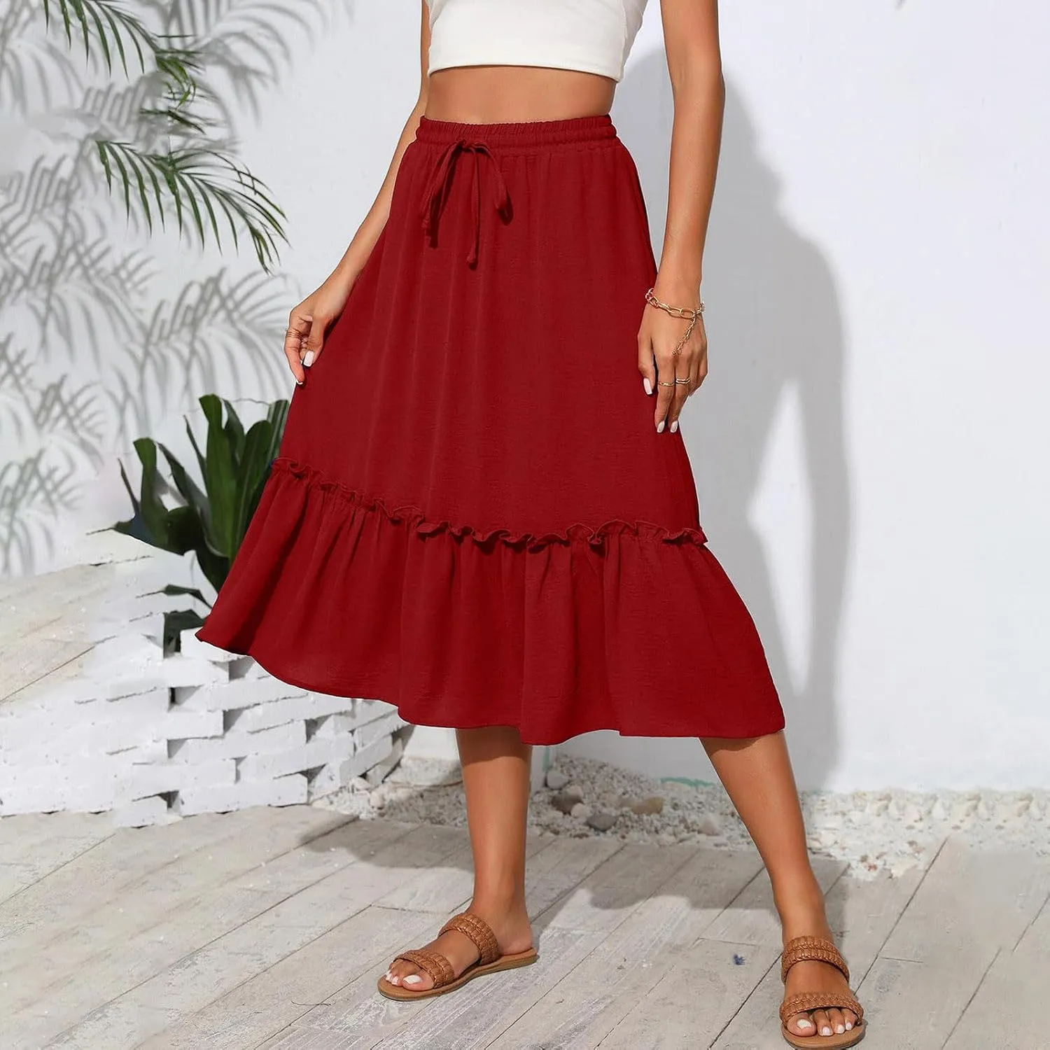 Midi Skirts for Women Casual Summer Boho Flowy Swing Ruffle Tiered A-Line Elastic Tie Waist Pleated Long Skirt Dress