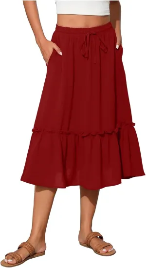 Midi Skirts for Women Casual Summer Boho Flowy Swing Ruffle Tiered A-Line Elastic Tie Waist Pleated Long Skirt Dress
