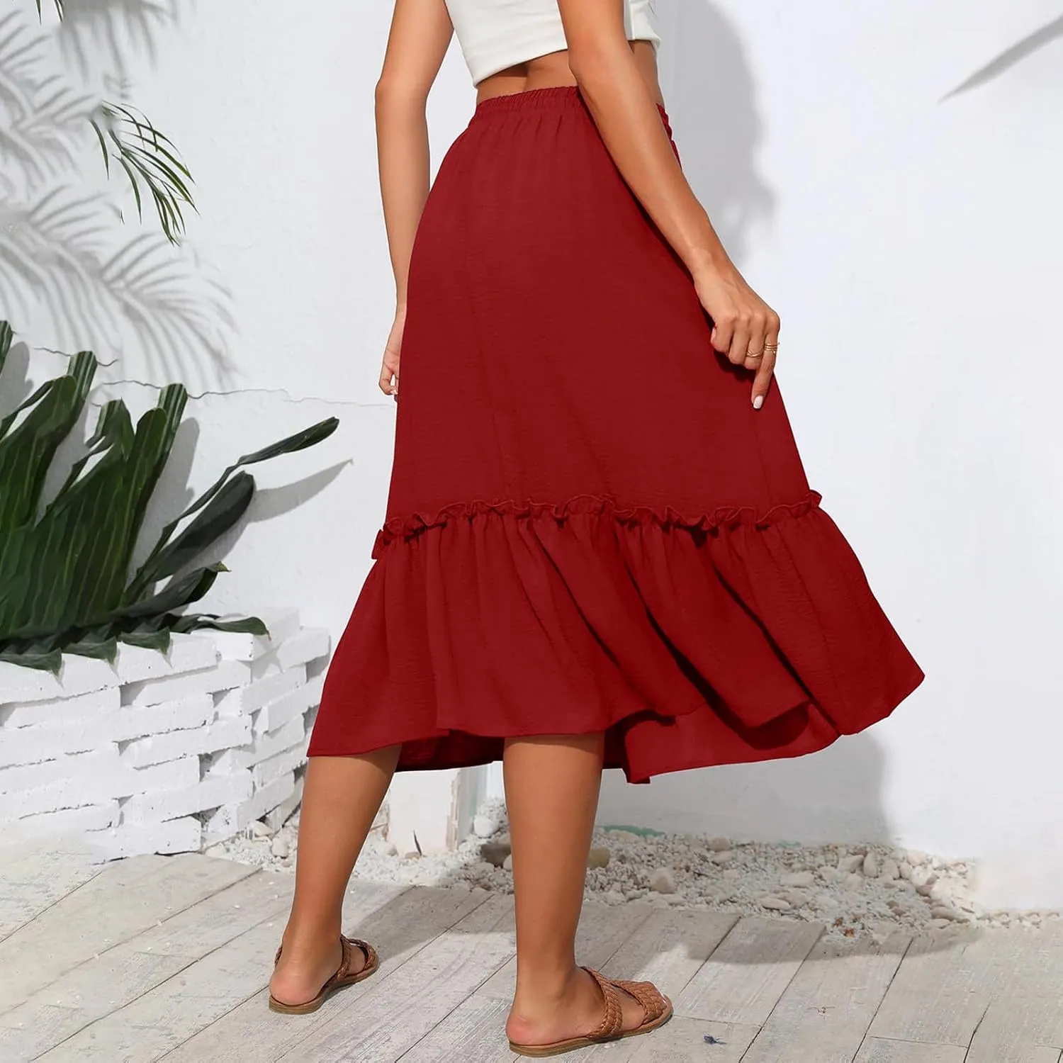 Midi Skirts for Women Casual Summer Boho Flowy Swing Ruffle Tiered A-Line Elastic Tie Waist Pleated Long Skirt Dress