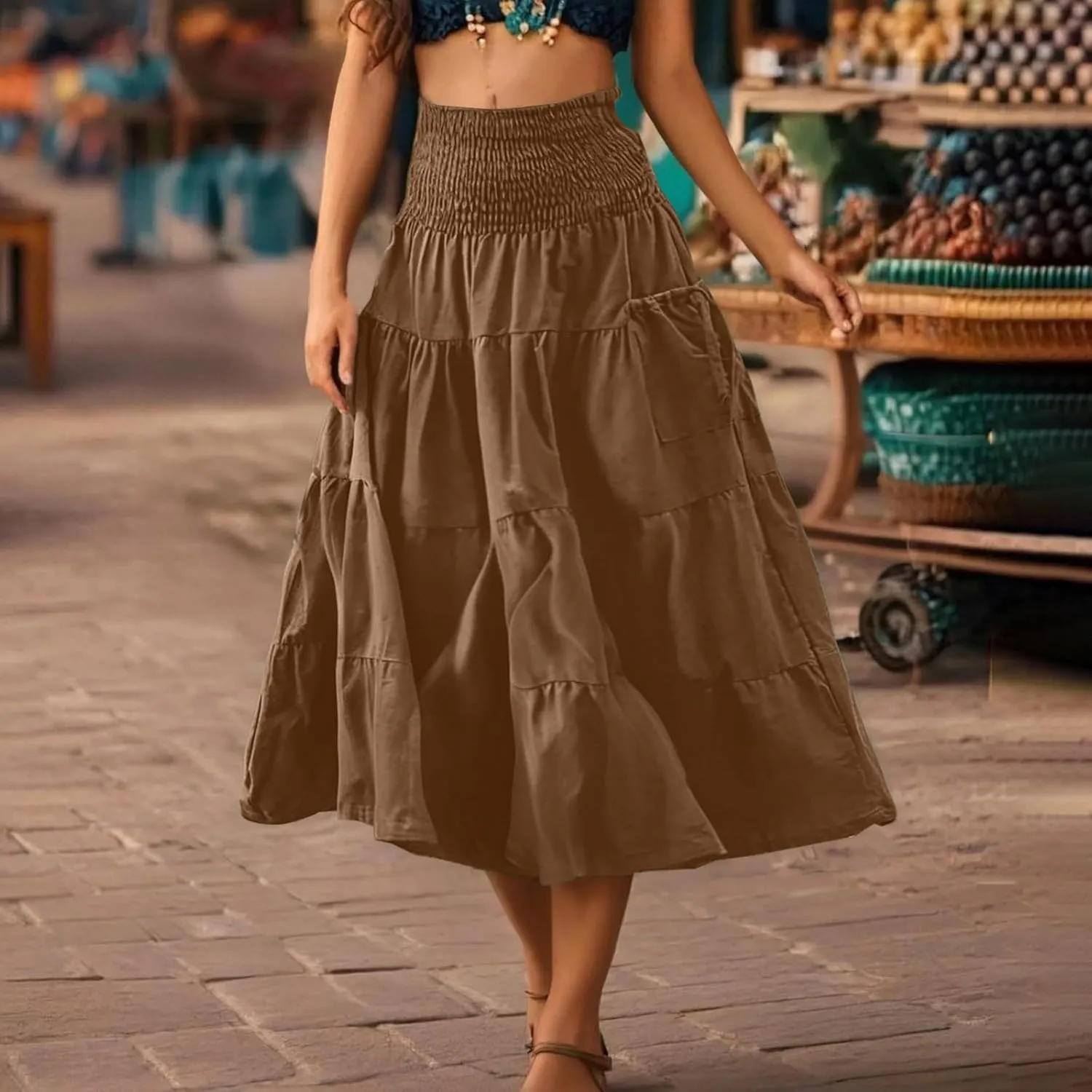 Midi Skirts for Women Pleated Tiered Long Flowy Skirt Elastic Waist Summer Boho Casual Loose Layered Ruffle Skirt