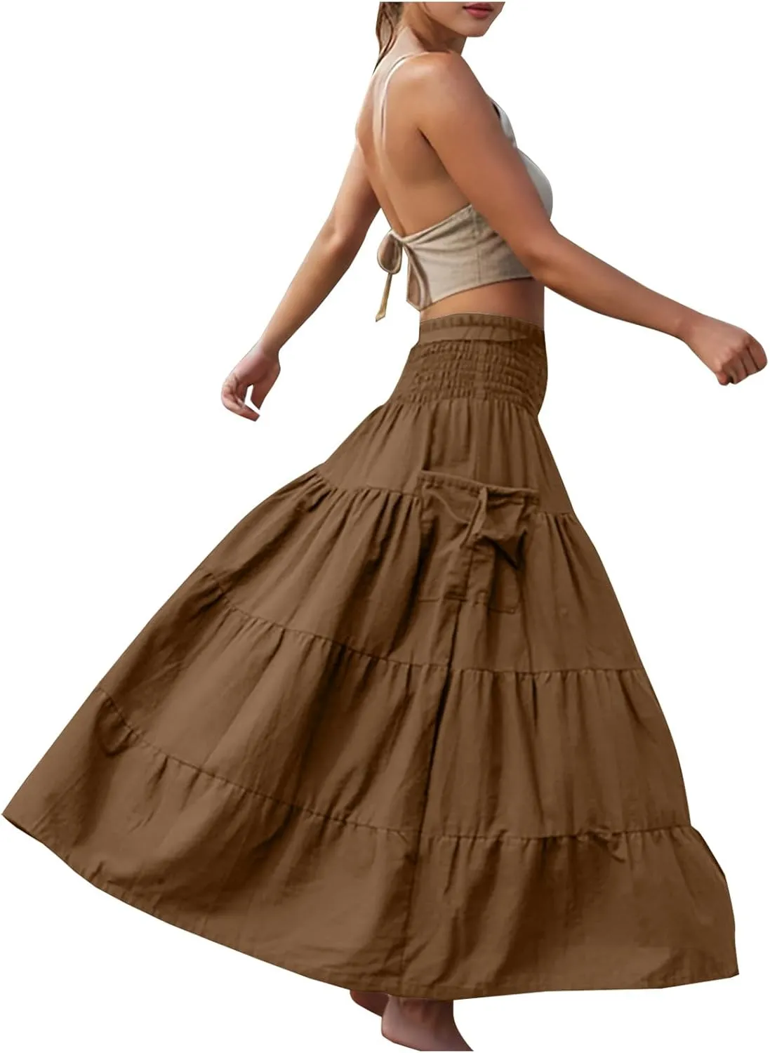 Midi Skirts for Women Pleated Tiered Long Flowy Skirt Elastic Waist Summer Boho Casual Loose Layered Ruffle Skirt