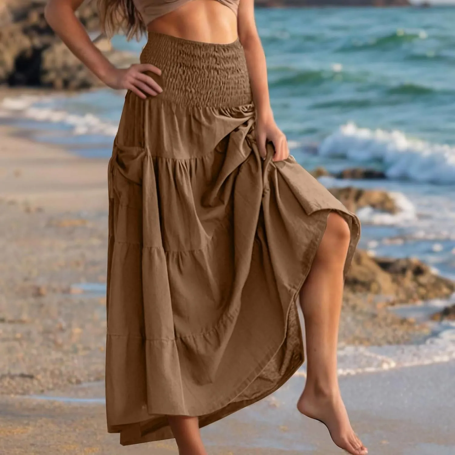 Midi Skirts for Women Pleated Tiered Long Flowy Skirt Elastic Waist Summer Boho Casual Loose Layered Ruffle Skirt