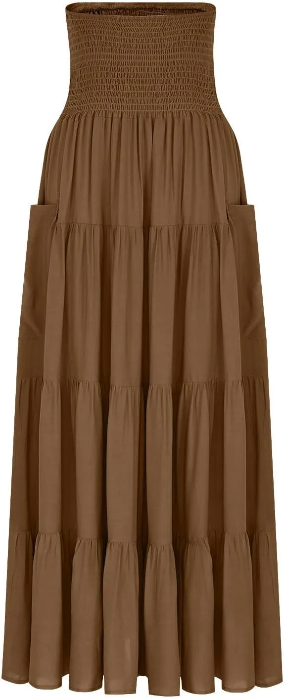 Midi Skirts for Women Pleated Tiered Long Flowy Skirt Elastic Waist Summer Boho Casual Loose Layered Ruffle Skirt