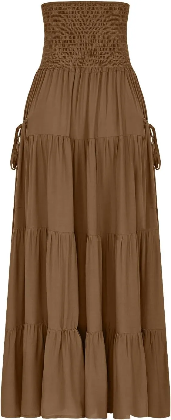 Midi Skirts for Women Pleated Tiered Long Flowy Skirt Elastic Waist Summer Boho Casual Loose Layered Ruffle Skirt